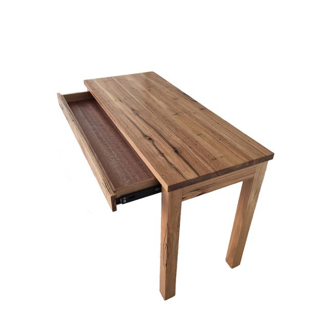 Custom-built wooden desk with drawers made from Spotted Gum timber in a Sydney home office