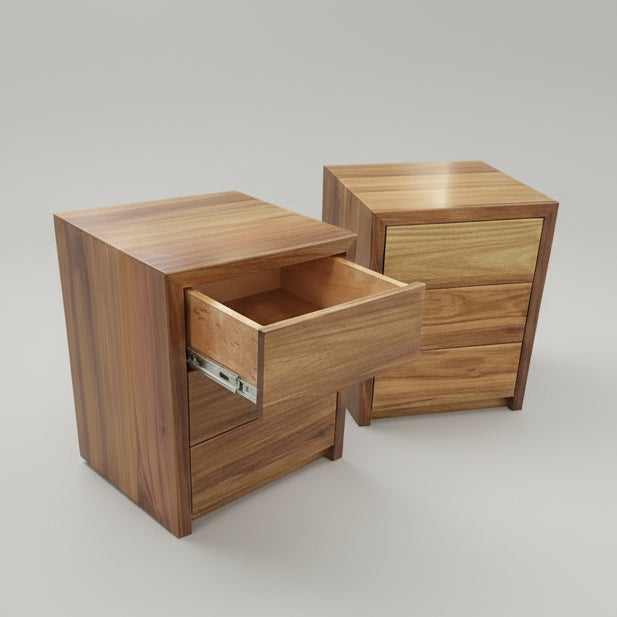 Bespoke Blackwood bedside tables with three drawers, hand-crafted by custom furniture makers in Sydney. The open drawer shows the quality joinery and runners