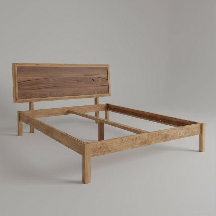 Wooden bed frame with headboard on a gray background