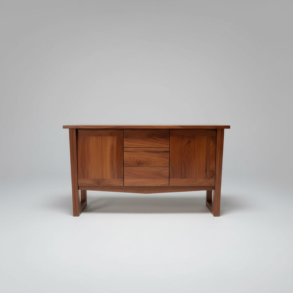 A mid-century modern wooden sideboard or credenza with a warm reddish-brown finish, featuring a central drawer section and angled legs, photographed in a cluttered warehouse or furniture workshop setting.