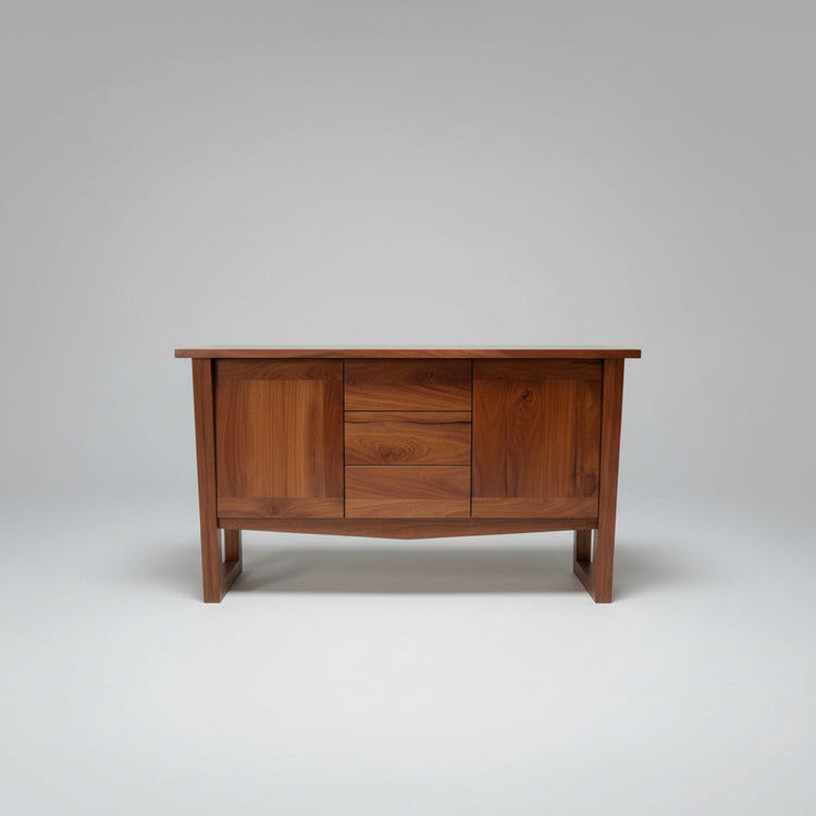 A mid-century modern wooden sideboard or credenza with a warm reddish-brown finish, featuring a central drawer section and angled legs, photographed in a cluttered warehouse or furniture workshop setting.