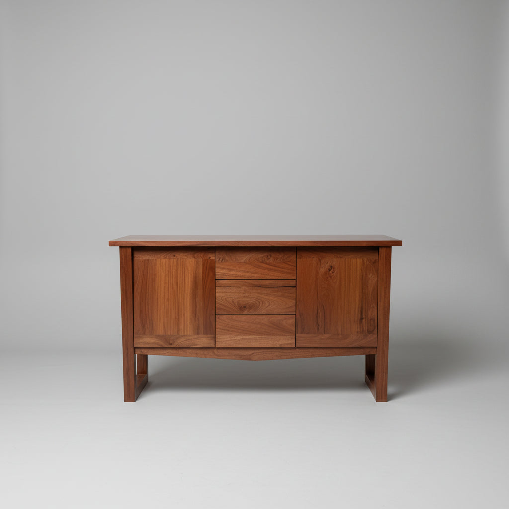 A mid-century modern wooden sideboard or credenza with three drawers, shown in a cluttered warehouse or furniture showroom setting.