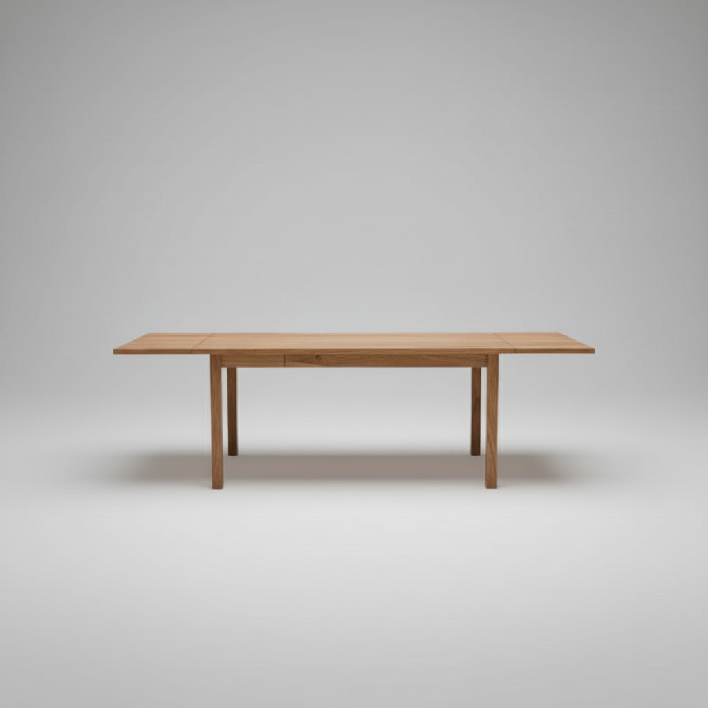 A rectangular wooden dining table with a live-edge design and a visible center seam, shown in a modern interior setting with a concrete floor and staircase in the background.