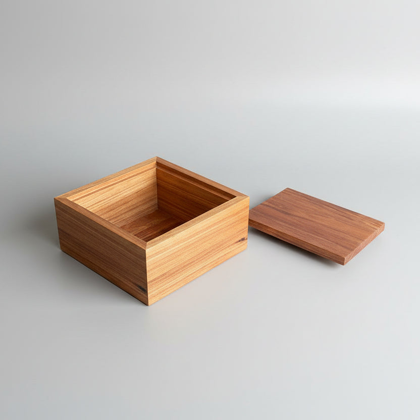 Wooden box with lid on a wooden surface