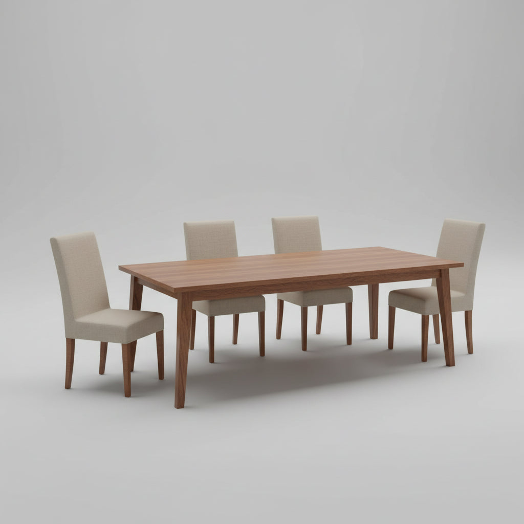 A long rectangular wooden dining table with a medium brown finish, shown in a room with a concrete floor and neutral upholstered chairs against sheer curtains.