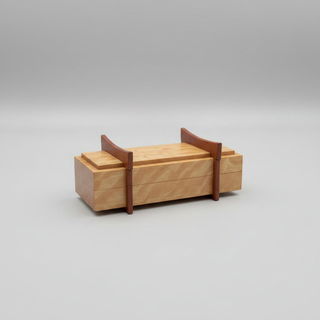 Wooden model of a train on a wooden platform with a dark background