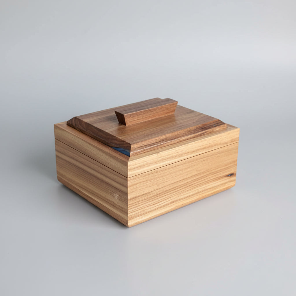 Wooden box with a striped pattern on a wooden surface