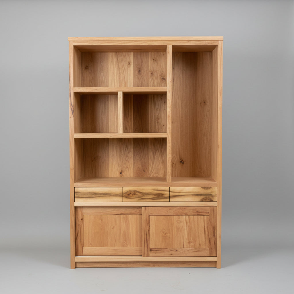 Custom bookcase made in marrickville with blackbutt and rare timbers