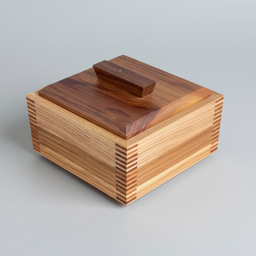 Wooden box with a striped pattern on a wooden surface