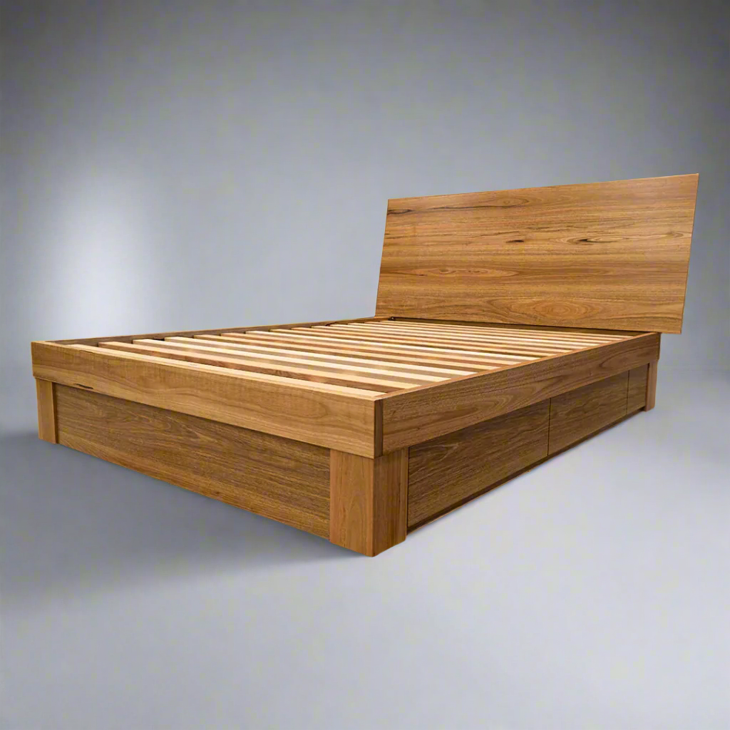 Bunbury solid Blackbutt timber bed with four under-bed storage drawers, handcrafted in Sydney