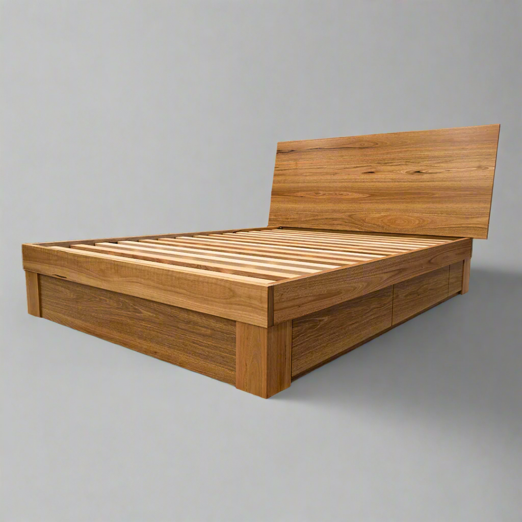 Bunbury solid Blackbutt timber bed with four under-bed storage drawers, handcrafted in Sydney
