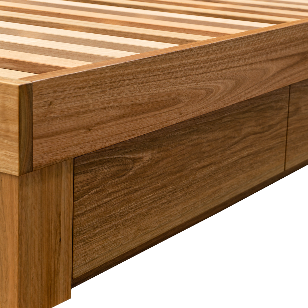 Bunbury solid Blackbutt timber bed with four under-bed storage drawers, handcrafted in Sydney