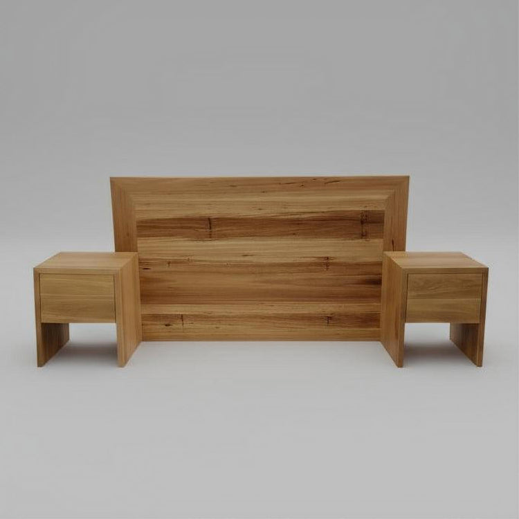Wooden headboard with two matching nightstands on a gray background