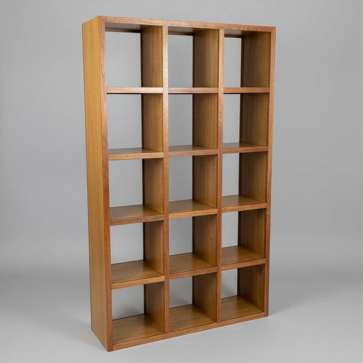 Spotted Gum wood pigeon hole storage unit with multiple compartments, placed in a room setting.