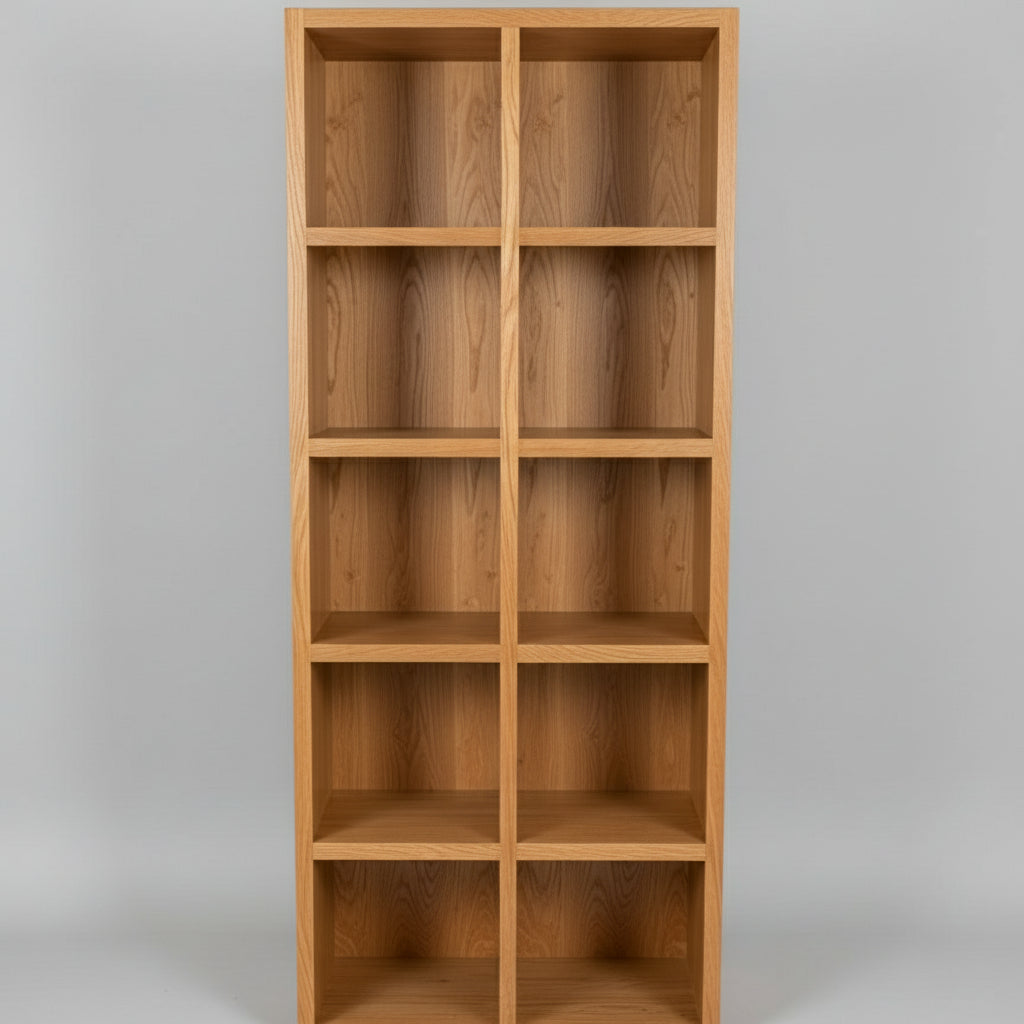 A Spotted Gum Pigeon Hole Unit with multiple shelves, featuring a backing and Spotted Gum beading on the front, placed in a showroom setting with various cushions on top.