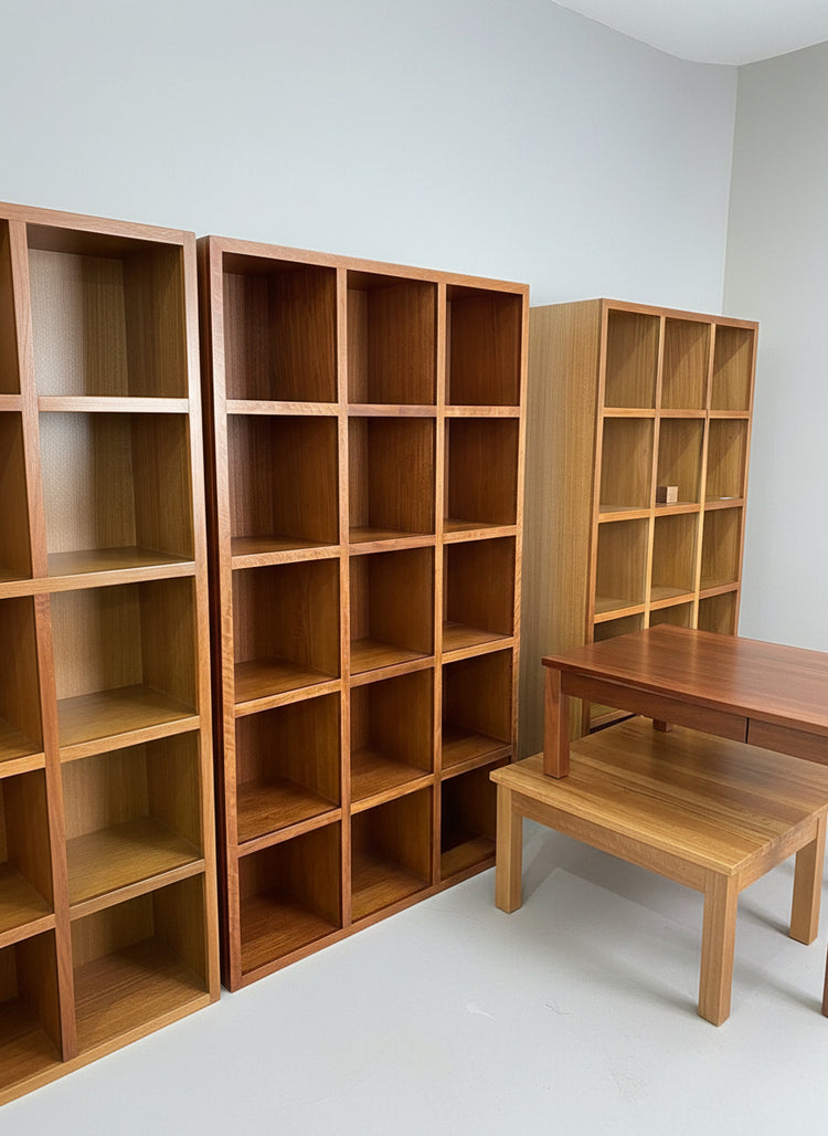 A Red Gum Pigeon Hole Unit with multiple compartments, featuring a backing and Red Gum beading on the front, made of Tas Oak veneer on the sides.