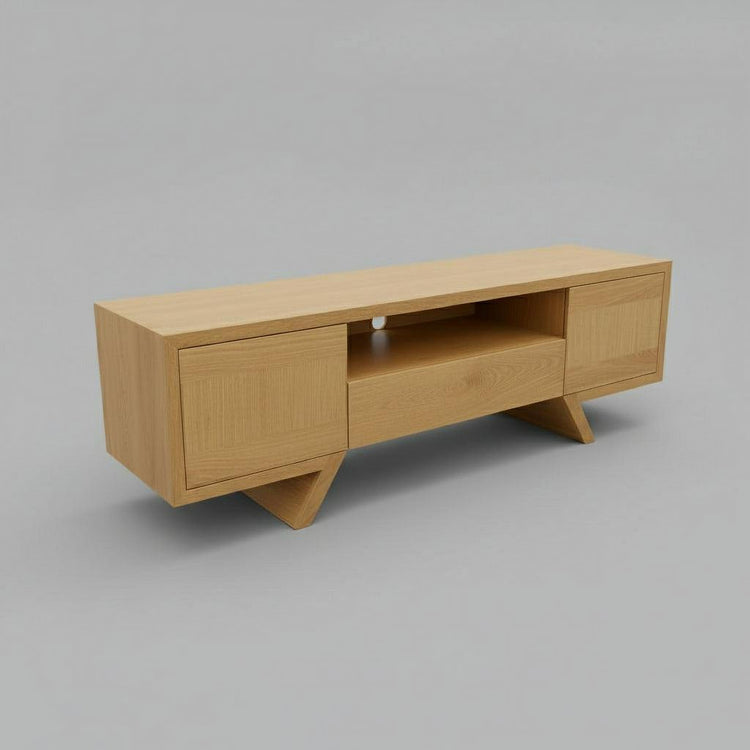 A custom-made wooden entertainment unit with sliding doors and splayed legs, crafted from Australian hardwood.